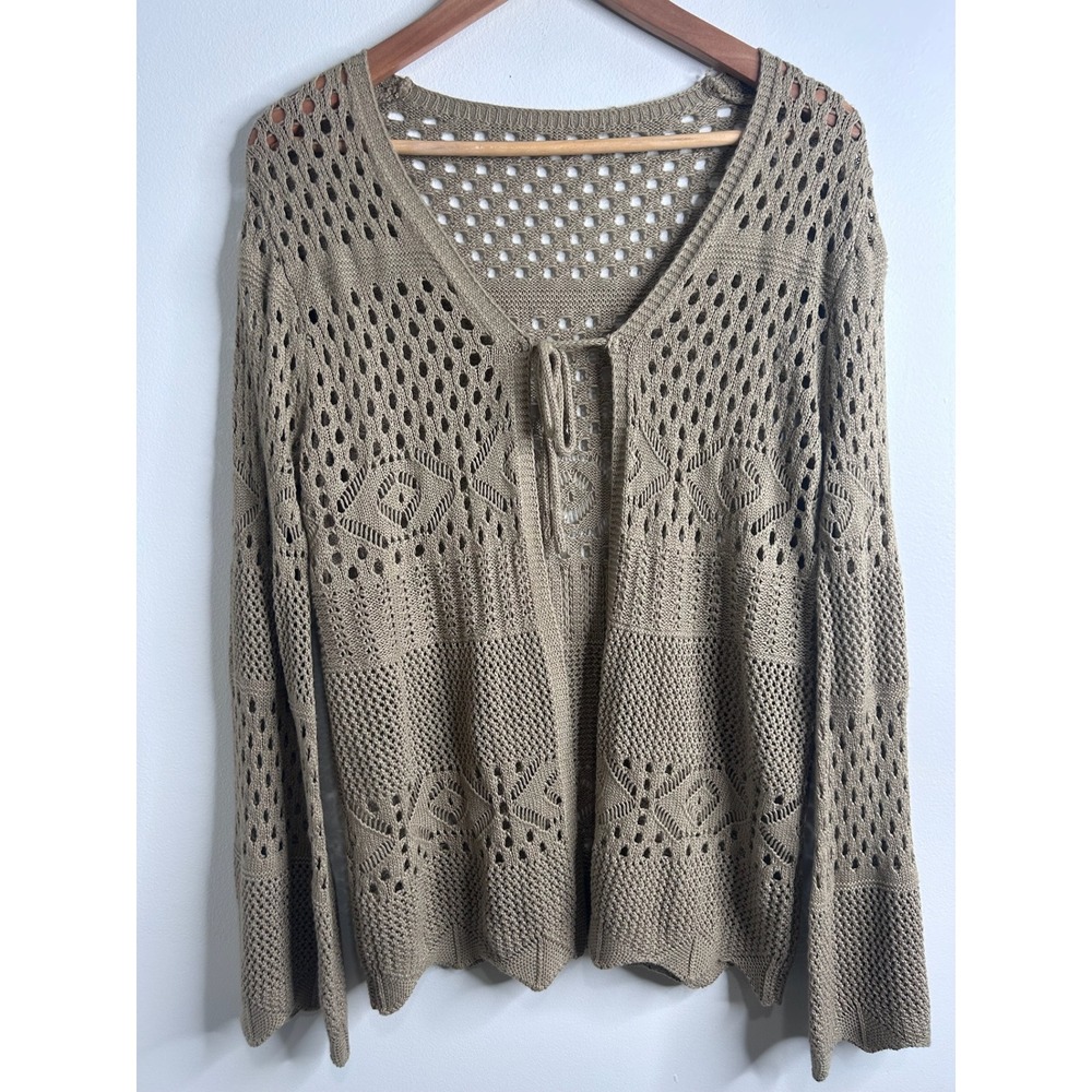 Crochet Knit Cardigan Sweater Womens M Bell Sleeve Boho Cottagecore Festival Tan